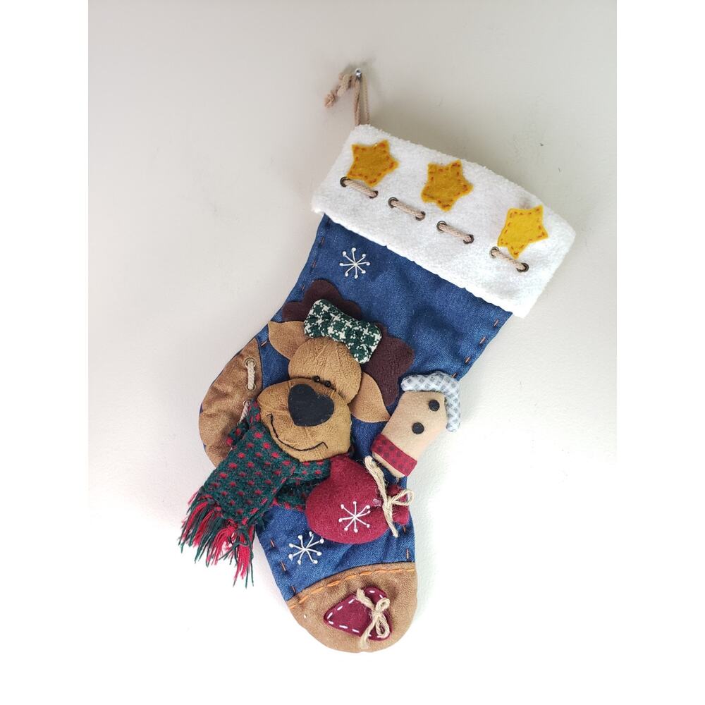 Vintage Christmas Stocking Reindeer Moose Rustic Birdhouse Denim Applique 3D